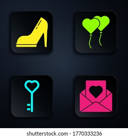 Set Envelope with heart, Woman shoe with high heel, Key in heart shape and Balloons in form of heart. Black square button. Vector