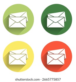 Establecer icono de sobre aislado con fondo de sombra larga. Símbolo de la letra del mensaje de correo electrónico. Botón de círculo de color. Vector