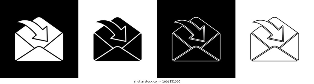 Ajuste el icono sobre aislado en fondo blanco y negro. Concepto de mensaje recibido. Nuevo mensaje entrante de correo electrónico, sms. Servicio de entrega de correo. Ilustración vectorial