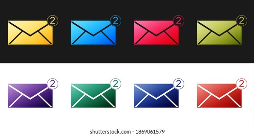 Ajuste el icono sobre aislado en fondo blanco y negro. Concepto de mensaje recibido. Nuevo mensaje entrante por correo electrónico, sms. Servicio de envío de correo. Vector.