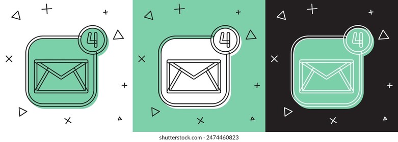 Das Umschlagsymbol auf weißem und grünem, schwarzem Hintergrund festlegen. Konzept der empfangenen Nachricht. Neu, eingehende E-Mail-Nachricht, SMS. Postzustellungsdienst.  Vektorgrafik