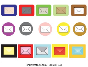 a set of envelope icons on circle and square backgrounds