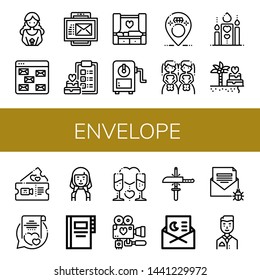 Set of envelope icons such as Bride, Email, Wedding, Sharpener, Brides, Romantic, Vows, Contacts, Wedding day, Sharpening, Invitation, Groom , envelope