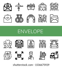 Set of envelope icons. Such as Email, Mail, Sharpening, Rubber, Wedding, Wedding arch, Bride, Brides, Romantic, Vows, Sending, Contact, Groom, Stationery, Mailbox , envelope icons