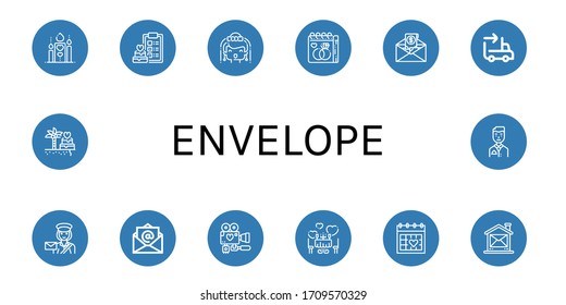 Set of envelope icons. Such as Romantic, Wedding, Bride, Wedding day, Mail, Sending, Postwoman, Email, Groom , envelope icons