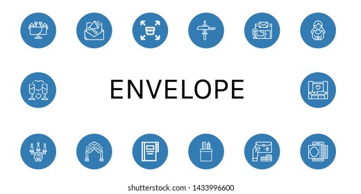 Set of envelope icons such as Wedding, Email, Sending, Sharpening, Post office, Bride, Wedding arch, Contacts, Stationery, Contact card, Romantic , envelope
