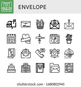 Set von Umschlagsymbolen. wie Hochzeit, Mailbox, Liebesbrief, Schreibwaren, E-Mail, Umschlag, Hochzeitstag, Scharpening, Kontakt, Hochzeitsglocken, Kontaktinformationen, Briefumschlag-Symbole