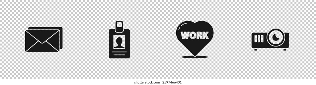 Set Envelope, Identification badge, Heart with text work and Movie, film, media projector icon. Vector