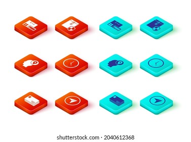 Set Envelope, Infographic of city map navigation, Delivery man with cardboard boxes, Fast time delivery, shield and Cardboard free symbol icon. Vector