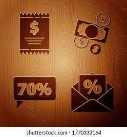 Set Envelope with an interest discount, Paper check and financial check, Seventy discount percent tag and Money cash and coin on wooden background. Vector