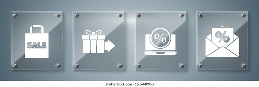 Set Envelope con descuento de interés, Descuento por porcentaje y laptop, caja de regalo y bolsa de compras con venta. Paneles de vidrio cuadrado. Vector