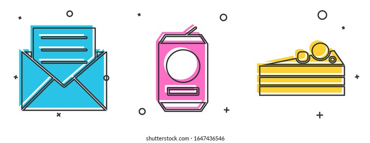 Set Envelope with invitation card , Beer can  and Cake  icon. Vector