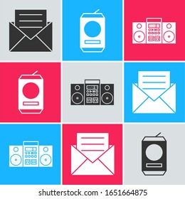 Set Envelope with invitation card , Beer can  and Home stereo with two speakers  icon. Vector