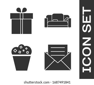 Set Envelope with invitation card , Gift box , Popcorn in cardboard box  and Sofa  icon. Vector