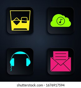 Set Envelope with invitation card , Glass of whiskey and ice cubes , Headphones  and Music streaming service . Black square button. Vector