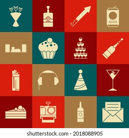Set Envelope with invitation card, Martini glass, Champagne bottle, Firework rocket, Muffin, Home stereo two speakers, Bouquet of flowers and Wine glasses stacked pyramid tower icon. Vector