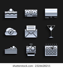 Set Envelope with invitation card, Photo camera, Detailed calendar, Martini glass, Cake, Music streaming service, Video game console and  icon. Vector