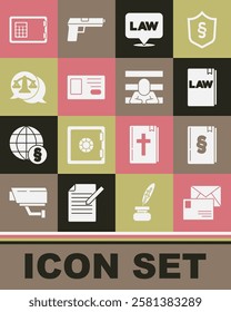 Set Envelope, Law book, Location law, Identification badge, Scales of justice, Safe and Prisoner icon. Vector