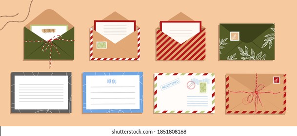 Set of envelope, letters and postcards. Open envelope with stamp in flat style. Vector stock illustration.