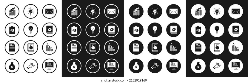 Set Envelope, Light bulb with concept of idea, Clipboard graph chart, Rocket flying up coins growth, User manual, rays shine and, Pie infographic and Resume icon. Vector