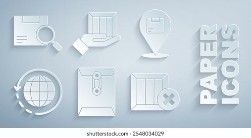 Set Envelope, Location with cardboard box, Worldwide shipping and, Wooden delete, Delivery hand boxes and Search package icon. Vector