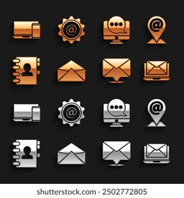 Set Envelope, Location and mail and e-mail, Laptop with envelope, Address book, Chat messages notification monitor, Monitor phone and Mail icon. Vector