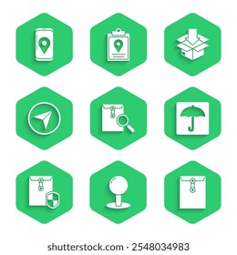 Set Envelope with magnifying glass, Push pin, Umbrella, shield, Infographic of city map navigation, Cardboard box traffic symbol and Mobile app delivery tracking icon. Vector