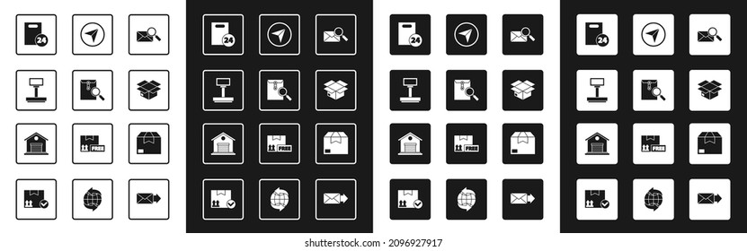 Set Envelope with magnifying glass, Scale, Delivery cardboard boxes, Carton, Infographic of city map navigation,  and Warehouse icon. Vector