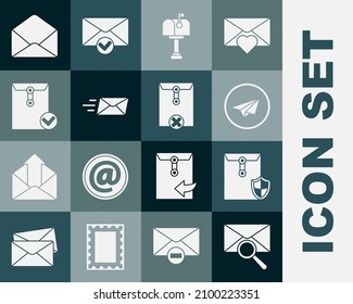 Umschlag mit Lupe, Schild, Papierebene, Briefkasten, Express-Umschlag, Häkchen und Symbol löschen. Vektorgrafik