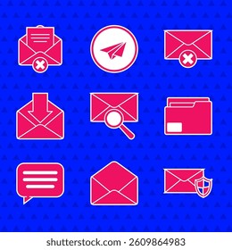 Set Envelope with magnifying glass, shield, Document folder, Speech bubble chat, Delete envelope and  icon. Vector