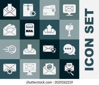 Set Envelope with magnifying glass, Speech bubble chat, Mail box, Outgoing mail,  and Upload inbox icon. Vector