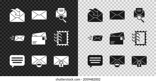 Establecer sobre, con lupa, chat de burbuja de voz, sobre Borrar, contraseña de bloqueo de mensaje de correo, Express e icono. Vector