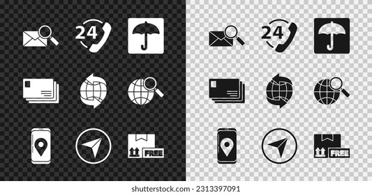 Set Envelope with magnifying glass, Telephone 24 hours support, Umbrella, Mobile app delivery tracking, Infographic of city map navigation, Cardboard box free symbol,  and Worldwide icon. Vector