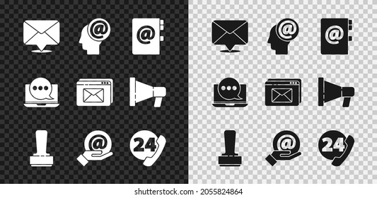 Set Envelope, Mail and e-mail, Address book, Stamp, in hand, Telephone 24 hours support, Chat messages notification laptop and Website envelope icon. Vector