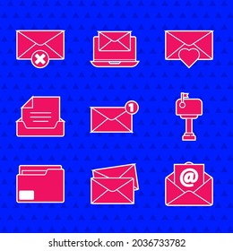 Establece el sobre, el correo y el correo electrónico, la caja, la carpeta del documento, el cajón con el documento, el corazón de San Valentín y el icono del sobre Eliminar. Vector