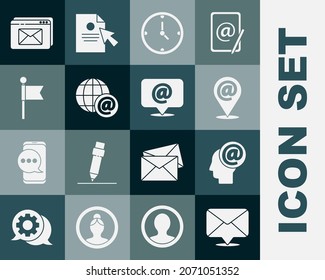 Establecer sobre, correo y correo electrónico, ubicación, reloj, globo terrestre con, marcador, sobre de sitio web e icono. Vector