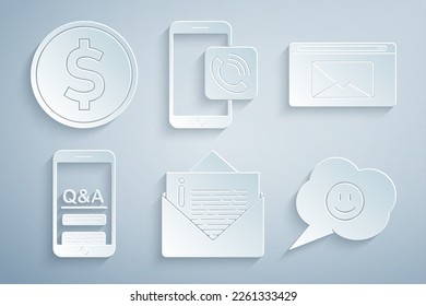 Set Envelope, Mail and e-mail, Mobile Question Exclamation, Speech bubble with smile face, phone call and Coin money dollar icon. Vector