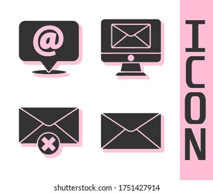 Set Envelope, Mail and e-mail on speech bubble, Delete envelope and Monitor and envelope icon. Vector