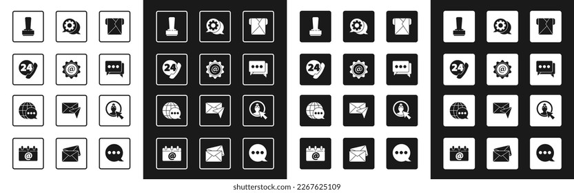 Set Envelope, Mail and e-mail, Telephone 24 hours support, Stamp, Speech bubble chat, Create account screen and World map made from speech icon. Vector