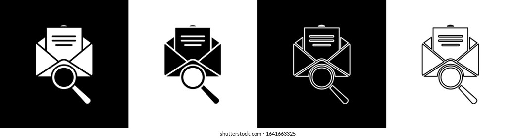 Set Envelope mail with magnifying glass icon isolated on black and white background.  Vector Illustration