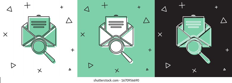 Set Envelope mail with magnifying glass icon isolated on white and green, black background.  Vector Illustration