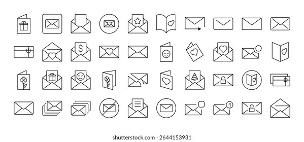 Conjunto de ícones de envelope, correio, postar linha relacionada. Outline Signs para Gráficos e Web Design, Apps, Anúncios, Vários Cartões 