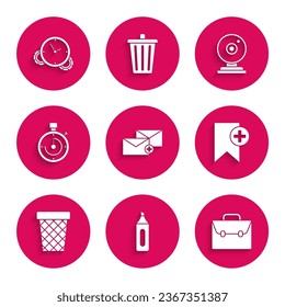 Set Envelope, Marker pen, Briefcase, Bookmark, Trash can, Web camera and Time Management icon. Vector