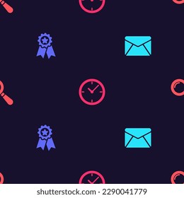 Ponga sobre, Medal con estrella, Reloj y Vidrio de aumento en un patrón impecable. Vector