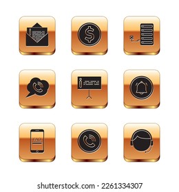 Set Envelope, Mobile with FAQ information, Phone call, Information, Speech bubble phone, Server, Man headset and Coin money dollar icon. Vector