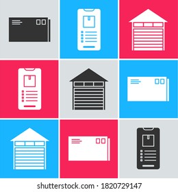 Set Envelope , Teléfono móvil con seguimiento de entrega de aplicaciones e icono de almacén cerrado. Vector