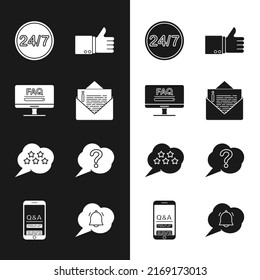 Set Envelope, Monitor with FAQ information, Clock 24 hours, Hand thumb up, Five stars rating review, Speech bubble Question, chat notification and Mobile Exclamation icon. Vector
