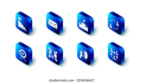 Set Envelope, Mountains with flag, Human resources, Project team base, Megaphone, Location the globe, Target arrow and Stair finish icon. Vector