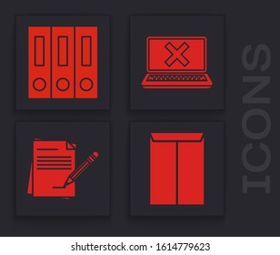 Set Envelope, Office folders with papers and documents, Laptop and cross mark on screen and Blank notebook and pencil with eraser icon. Vector