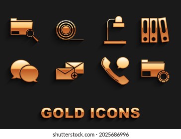 Set Envelope, Office folders with papers and documents, Folder settings gears, Telephone handset speech bubble chat, Speech, Table lamp, Search concept and Scotch icon. Vector
